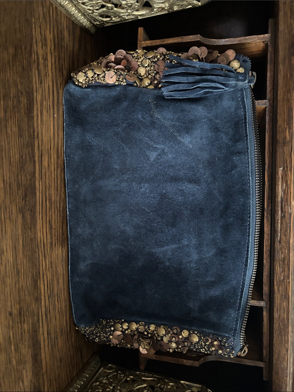 Navy Suede Wristlet Clutch with Embellished Trim
